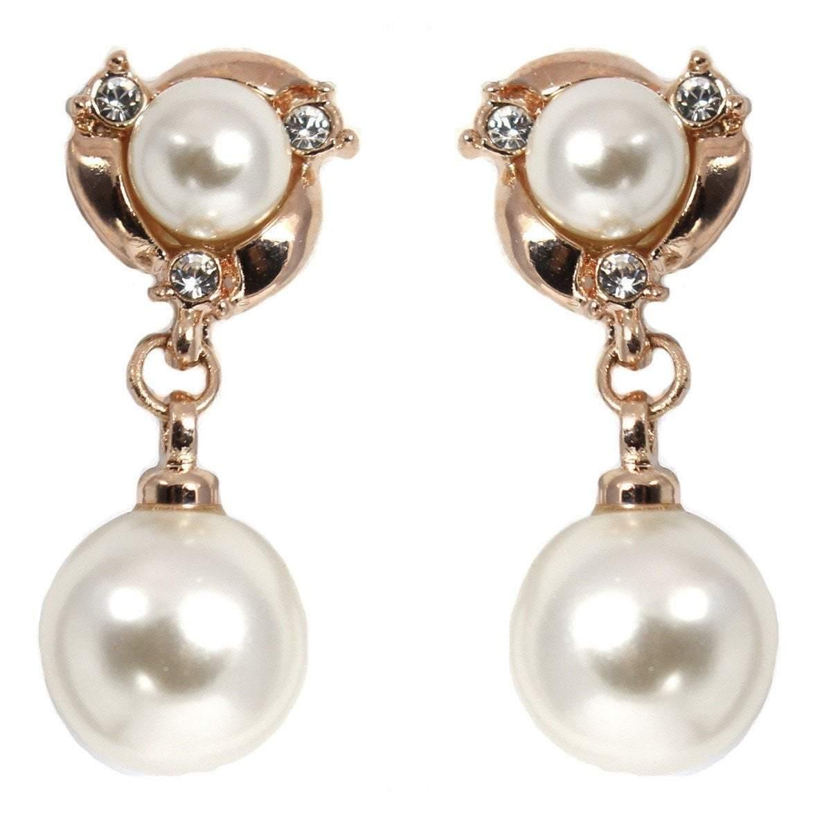 Clip On Elegant Double Pearl Crystal Drop Earrings